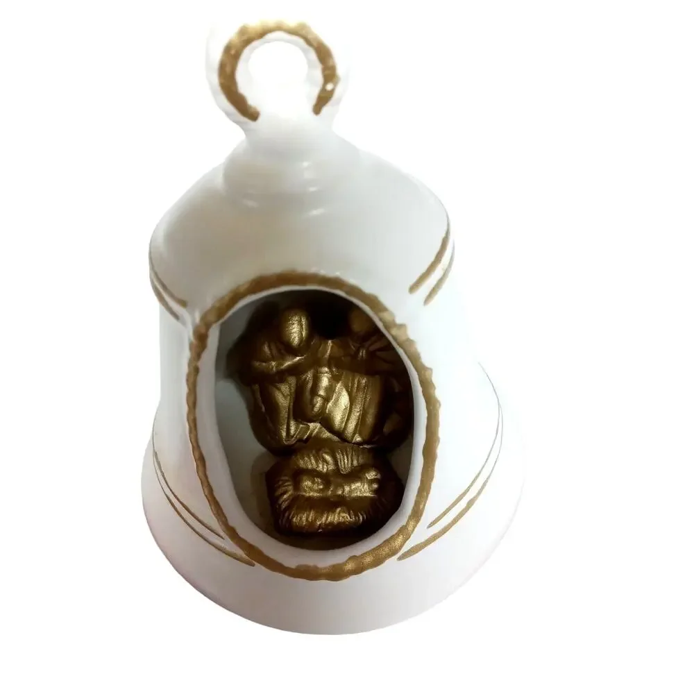 🔔⛪Vintage White Gold Nativity Bell Ornament 👼🏾👼🏼Baby Jesus Christmas Decor